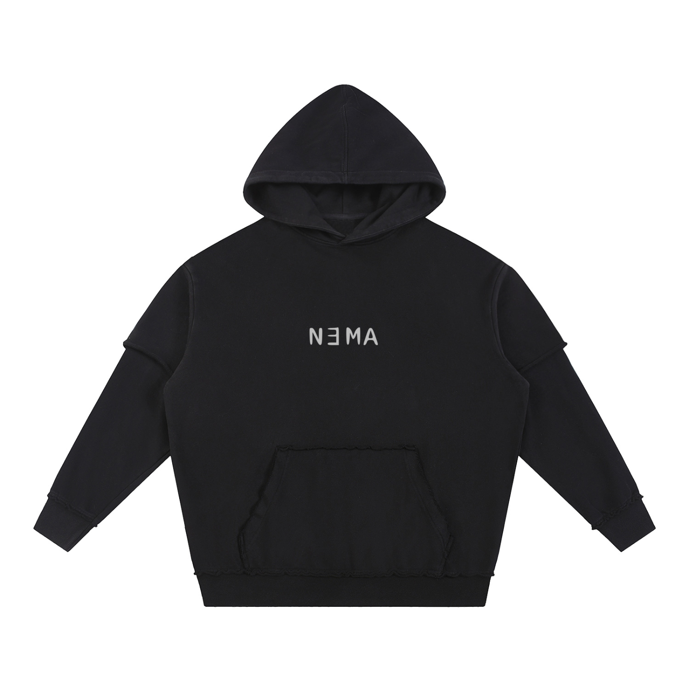 Snow Washed Raw Edge Double Layered Hoodie (Black)