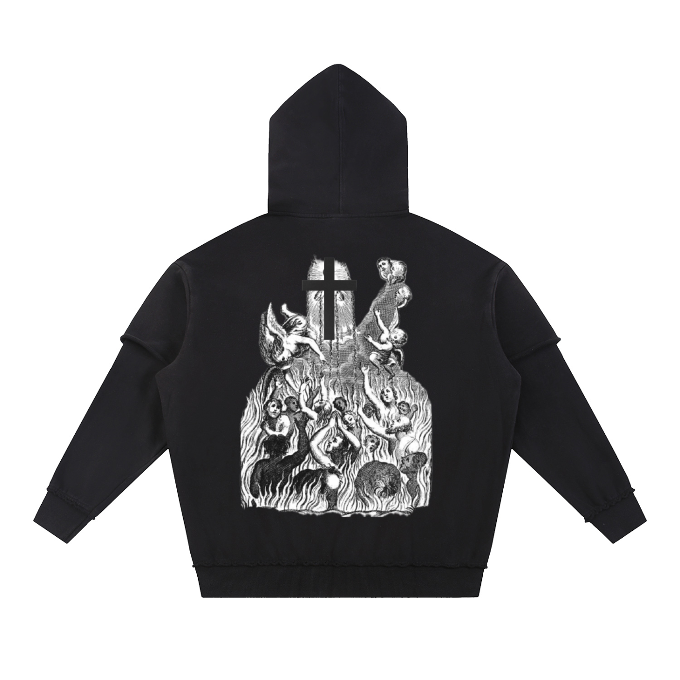Snow Washed Raw Edge Double Layered Hoodie (Black)