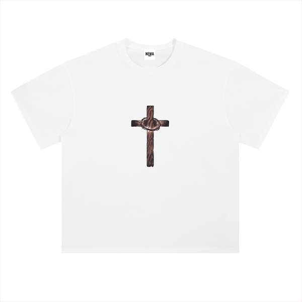 Heavyweight Drop Shoulder Cross T-Shirt (White)